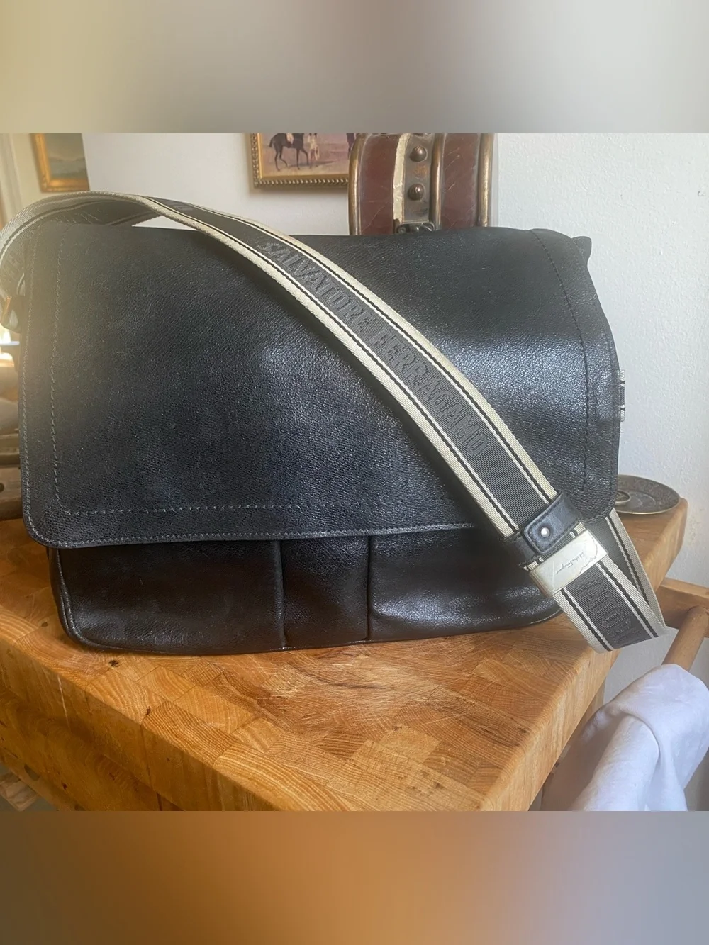 Salvatore Ferragamo Black Python-Embossed Leather Tote with Branded Canvas Strap
